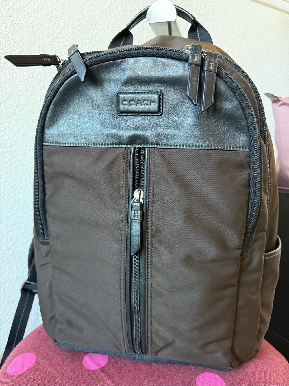 Coach F70692 Nylon Leather Backpack Laptop Travel School Bag Black Brown Unise